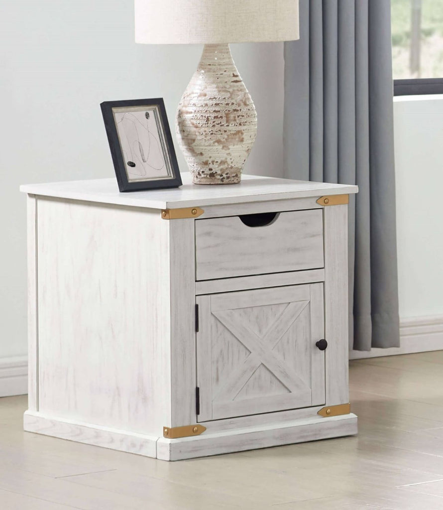 Antique White Gold Accents Rustic Style 1pc End Table Storage Drawer Shelve Living Room Tables