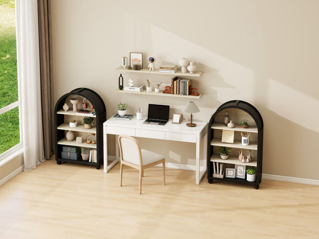 Arched 4-Tier Storage Cabinet with Carved Edges, MDF Bookcase with Black Metal Frame & Hand-Painted Finish, Freestanding Display Shelf for Living Room, Study, or Office (70.5×30×116 cm)
