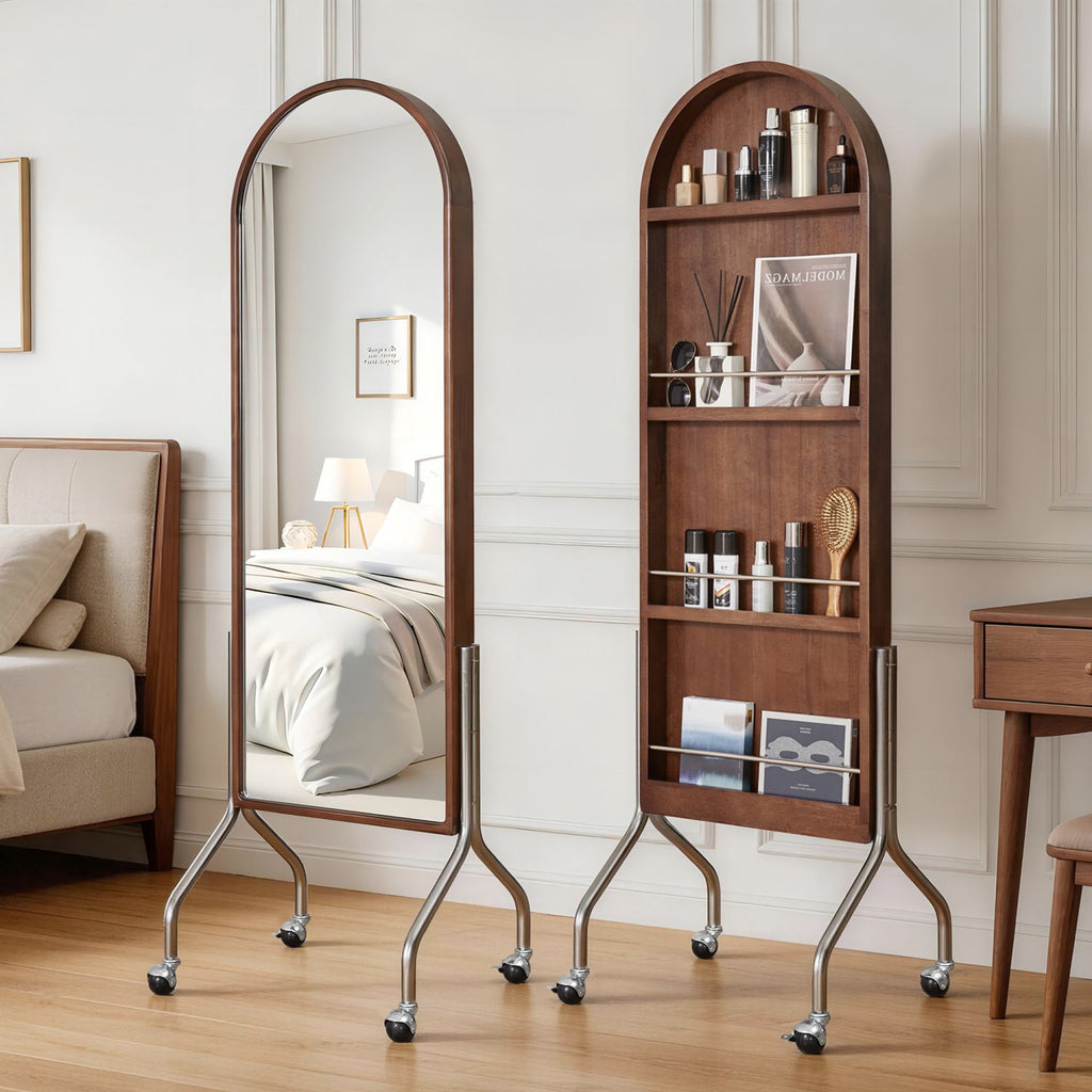 Arched Full Length Mirror with Storage Shelves & Wheels, Rubber Wood Frame Floor Mirror, Freestanding Rolling Mirror with Cart, 2-in-1 Dressing Mirror & Bookcase for Bedroom Living Room