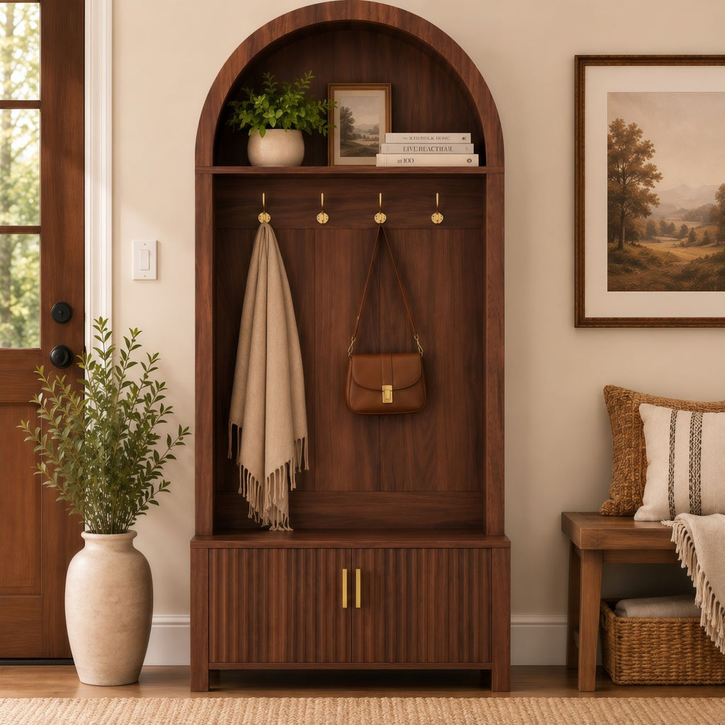 Arched Top Hall Tree with Bench and Shoe Storage,mudroom bench with storage,70.3"Arch Coat Rack with 4 Metal Hooks and 2 Fluted Doors,Farmhouse Style Furniture Organizer for Mudroom, Entryway, Hallway