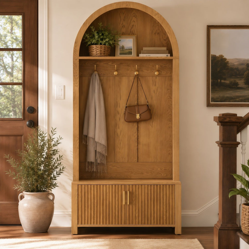 Arched Top Hall Tree with Bench and Shoe Storage,mudroom bench with storage,70.3"Arch Coat Rack with 4 Metal Hooks and 2 Fluted Doors,Farmhouse Style Furniture Organizer for Mudroom, Entryway, Hallway