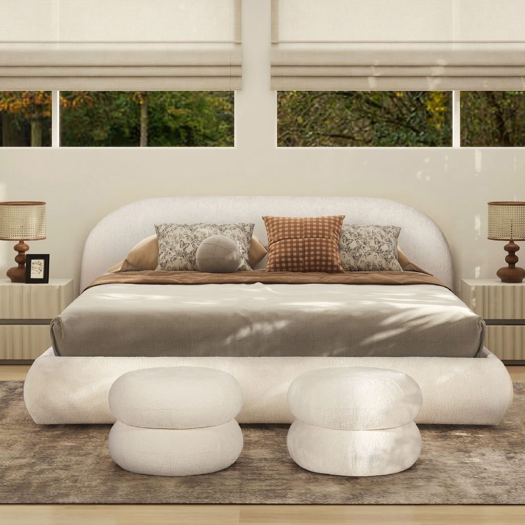 Archie Puffy Grounded Upholstered Platform Bed, King, Almond White