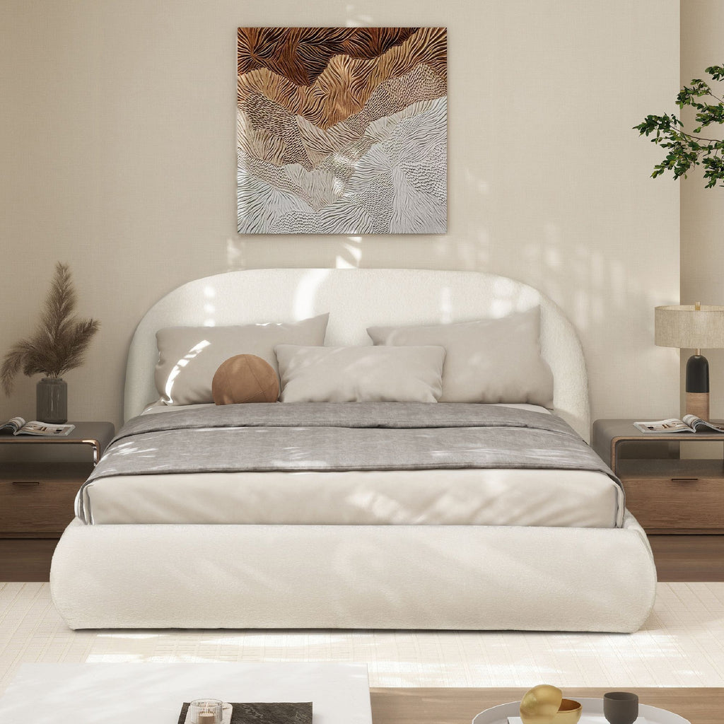 Archie Puffy Grounded Upholstered Platform Bed, Queen, Almond White