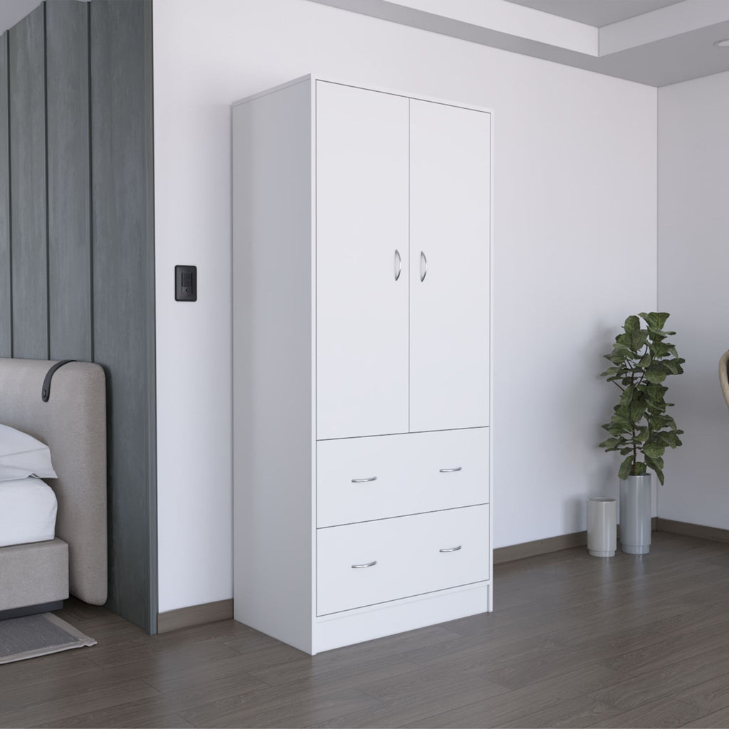 Armoire 71" H with Two Doors, Two Drawers, and Hanging Rod,White