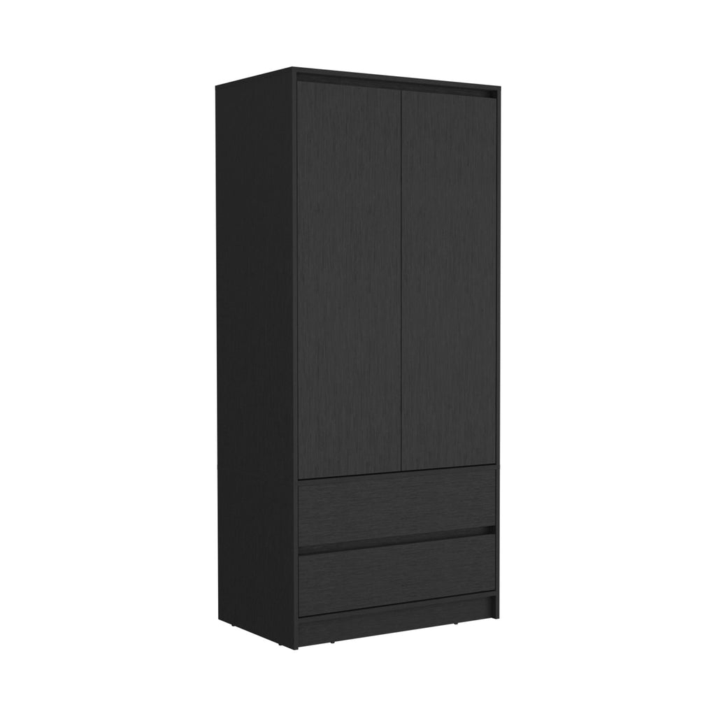 Armoire, Wardrobe Closet with Two Drawers, Hanging Rod, Black