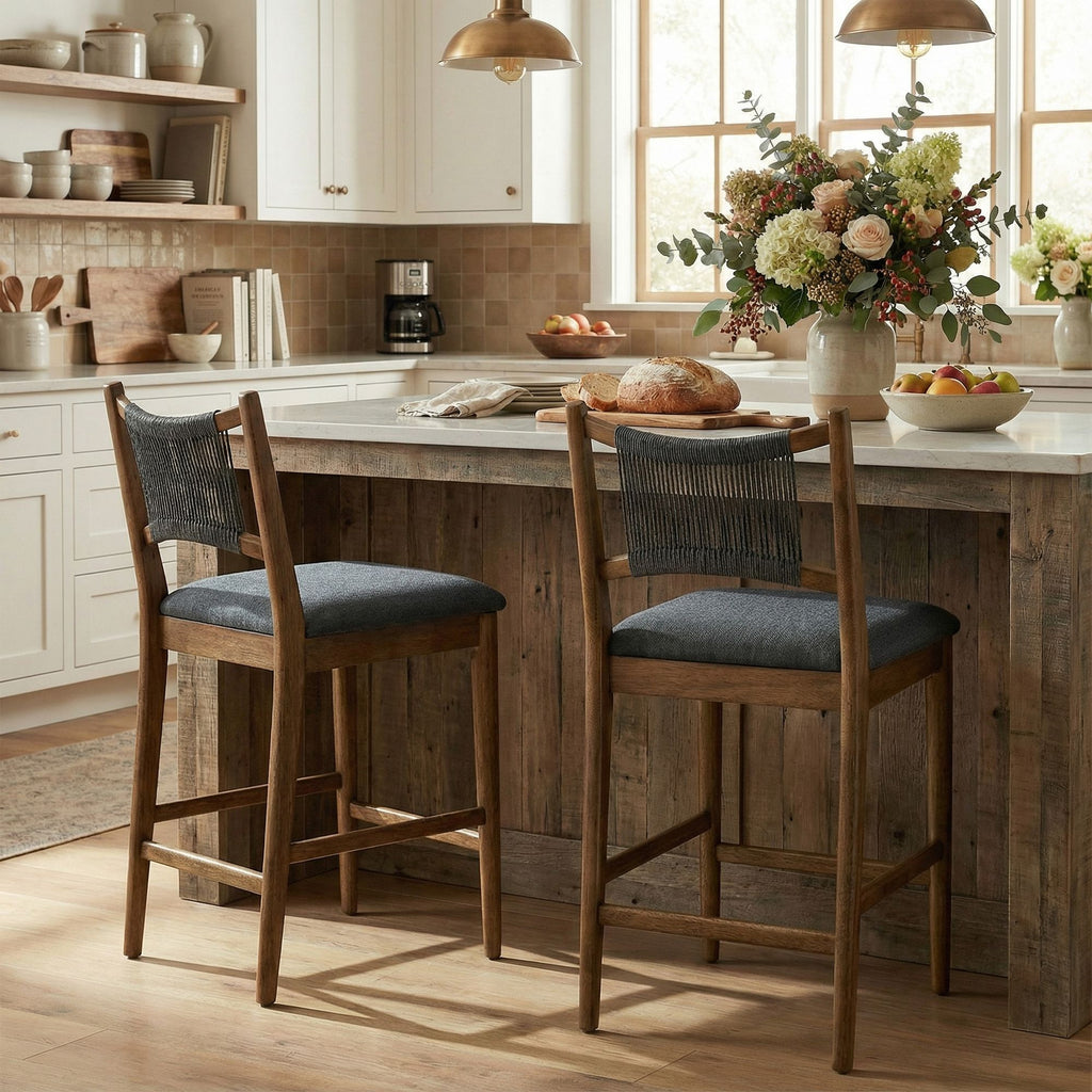 Arno Indoor Upholstered Wooden Counter Stool, Walnut Finish with Charcoal Upholstery and Black Rope, Set of 2