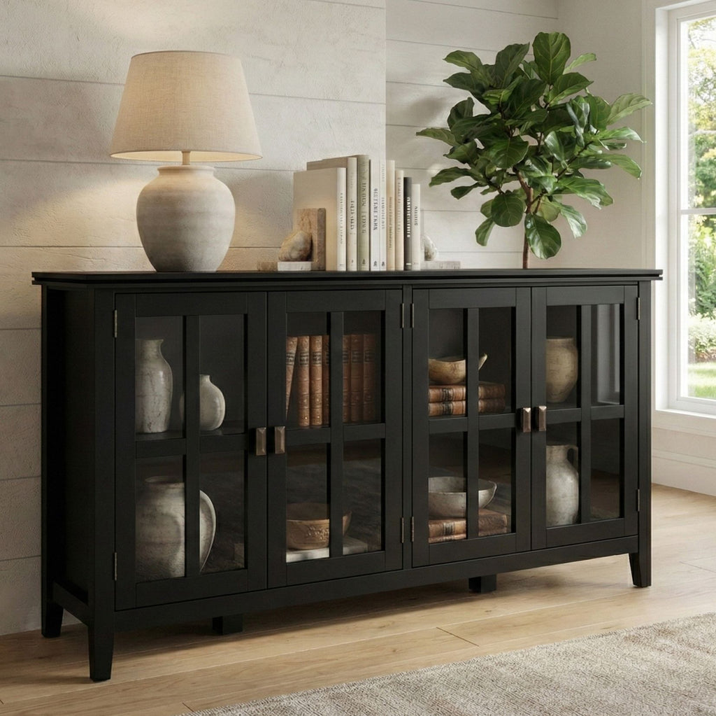 Artisan 66 inch Wide Solid Wood Wide 4 Door Storage Cabinet in Black