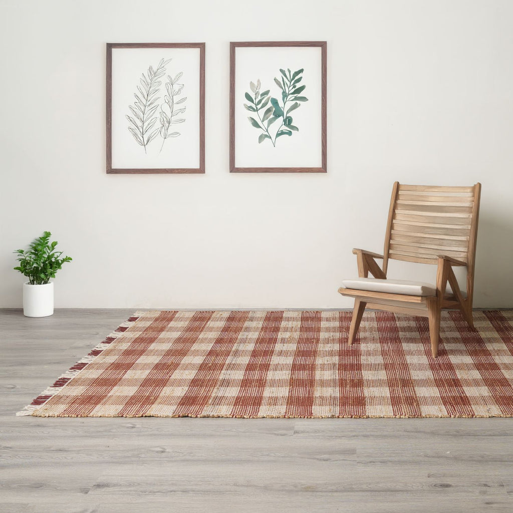 Artisan Hand Woven Jute & Cotton Brown Plaid Rug-6X9 ft