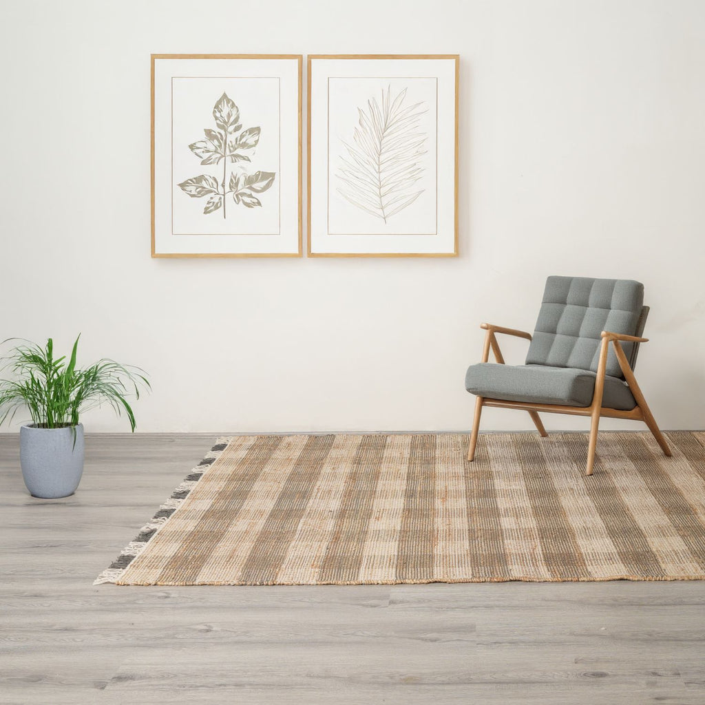 Artisan Hand Woven Jute & Cotton Grey Plaid Rug-5X7 ft