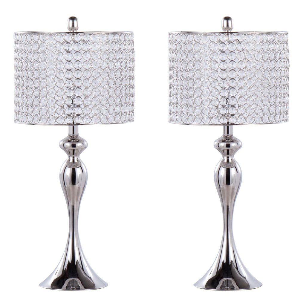 Ashland 27" Contemporary Metal Table Lamp in Polished Nickel with Round Clear K9 Crystal Beads and Polished Nickel Shade from Grandview Gallery by - Set of 2