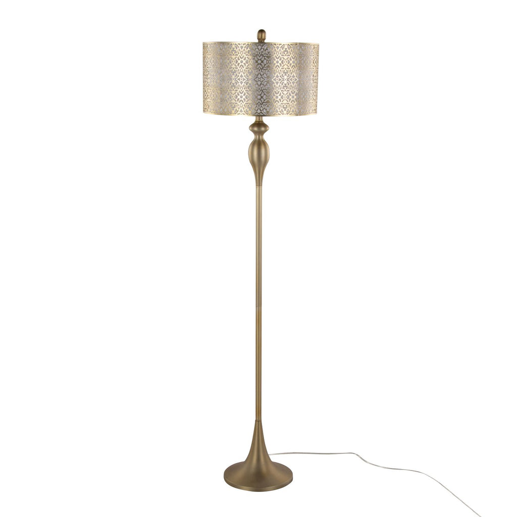 Ashland 63" Contemporary Metal Floor Lamp in Gold Metal with Laser Cut Metal and Off-White Linen Shade from Grandview Gallery by