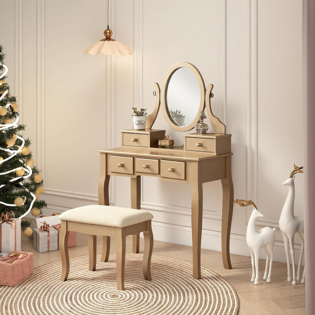 Ashley Wood Make-Up Vanity Table and Stool Set, Ashley Wood Makeup Vanity Table and Stool Set, Gold