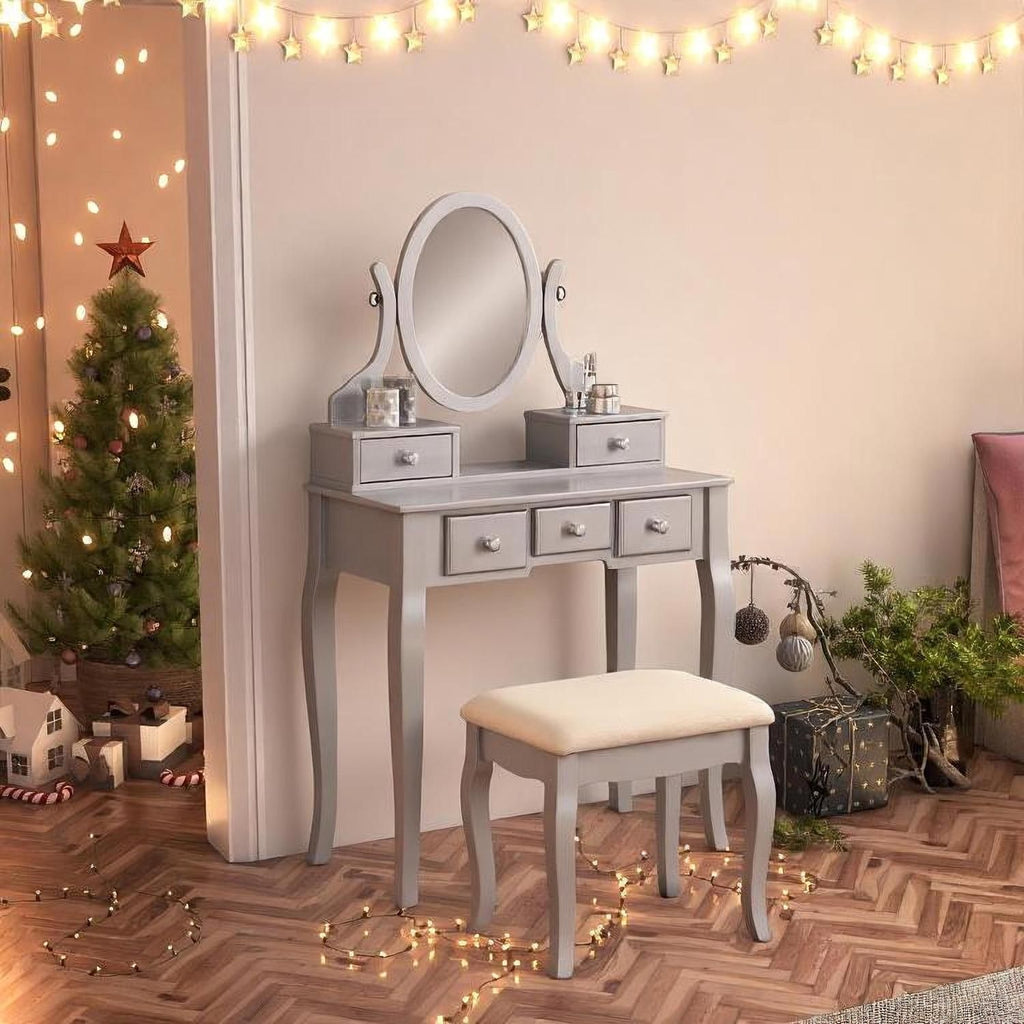 Ashley Wood Make-Up Vanity Table and Stool Set, Silver