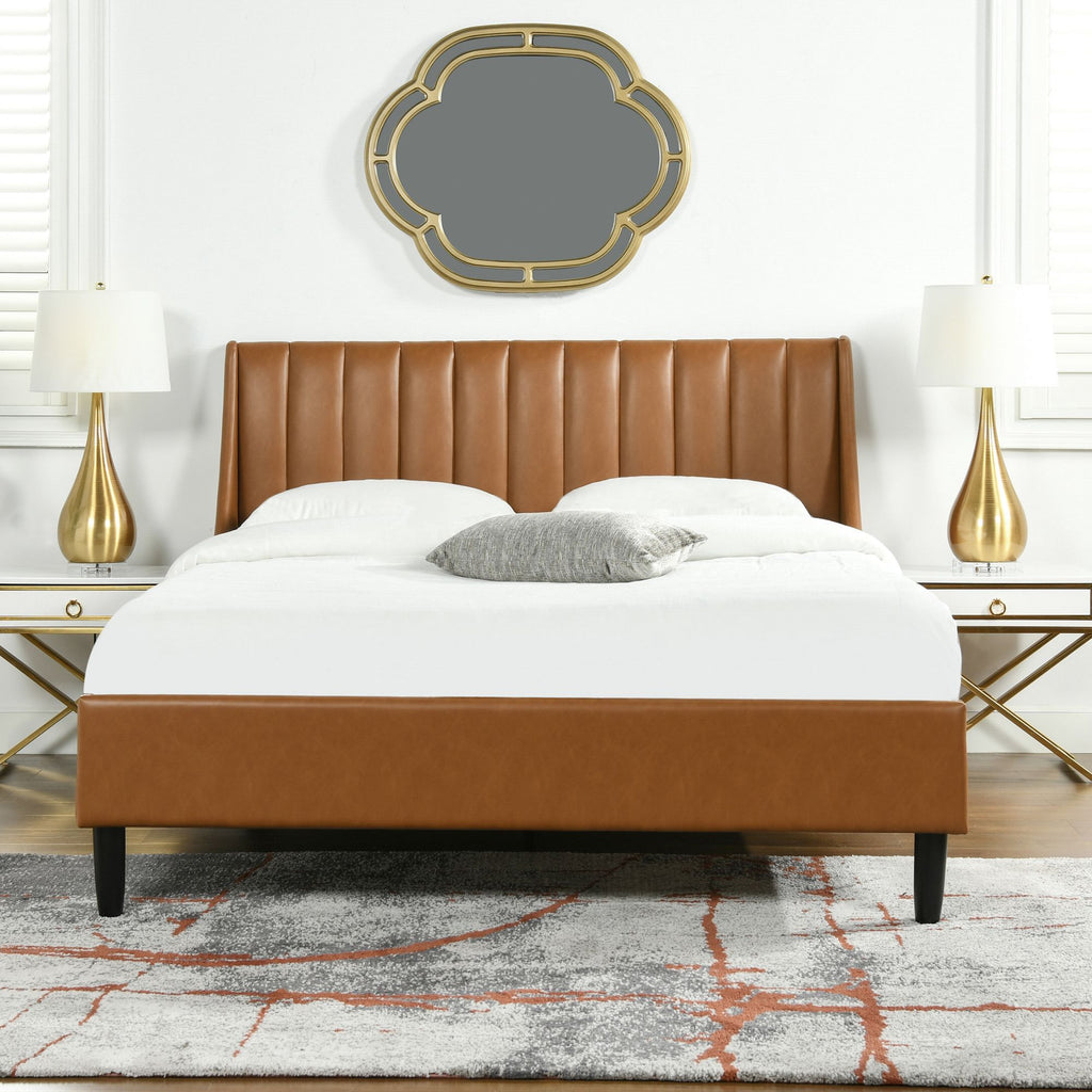Aspen Vertical Tufted Modern Headboard Platform Bed Set, Queen, Caramel Tan Brown Faux Leather