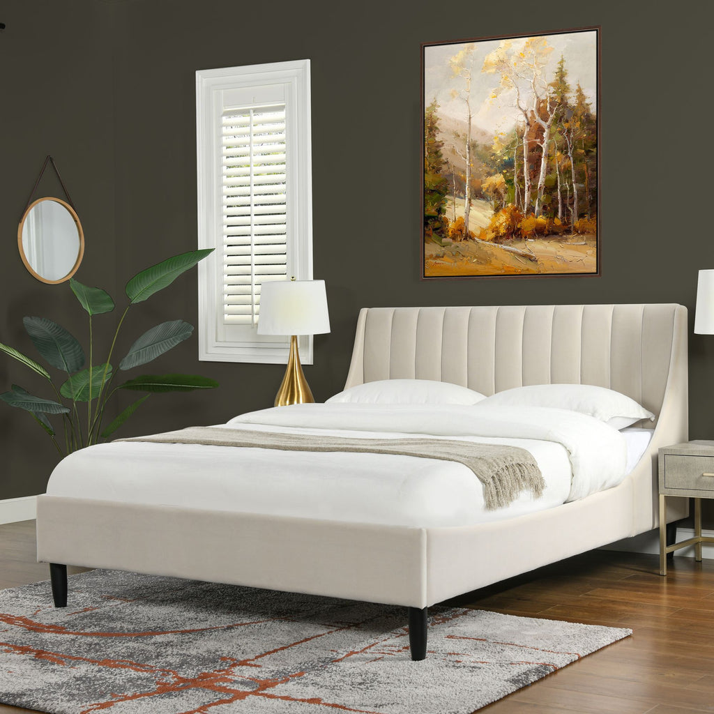 Aspen Vertical Tufted Modern Headboard Platform Bed Set, Queen, French beige Performance Velvet