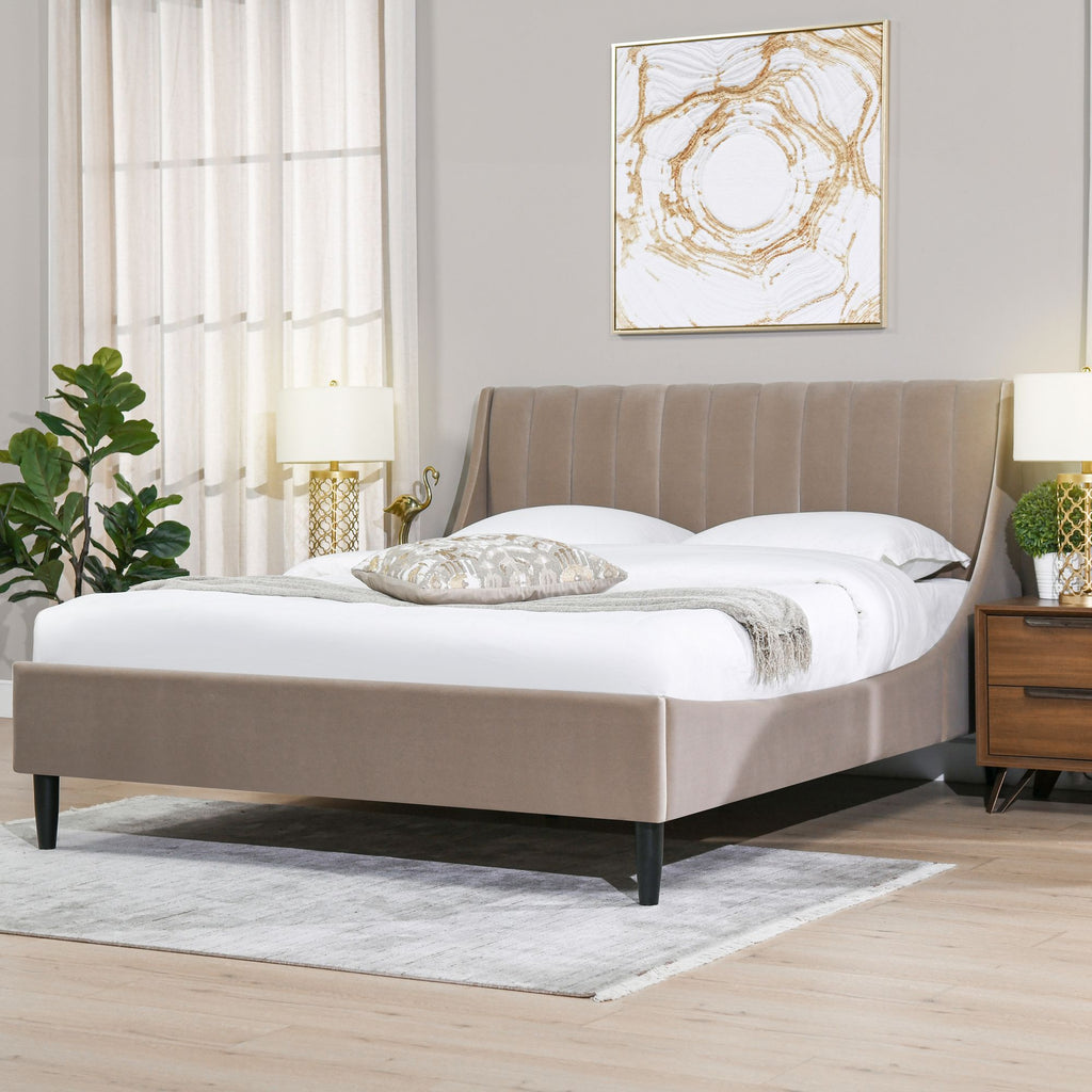 Aspen Vertical Tufted Modern Headboard Platform Bed Set, Queen, Mink Beige Performance Velvet