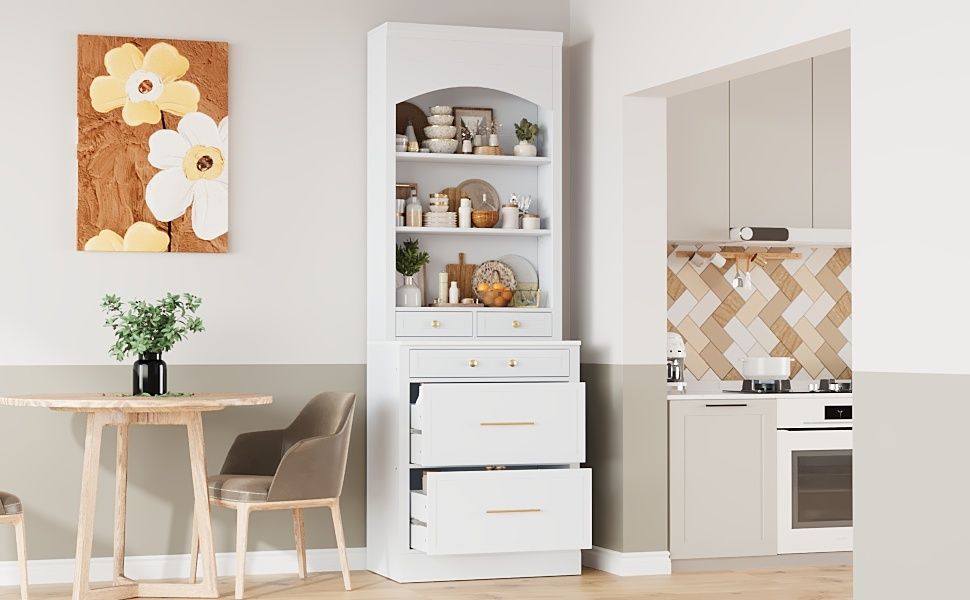 [Assembly Video Provided] TOPMAX Modern 83.7inch High Kitchen Pantry, Freestanding Tall Kitchen Hutch with Faux Marble Top, Display Cupboard Cabinet with 5 Storage Drawers and Adjustable Shelf, White