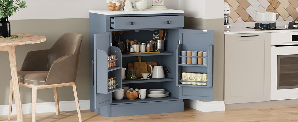 [Assembly Video Provided] TOPMAX Modern Freestanding Kitchen Pantry,Buffet Food Storage, Coffee Bar Cabinet with Drawer, 2 Adjustable Shelves and 2 Door Shelves for Dining, Kitchen, Gray