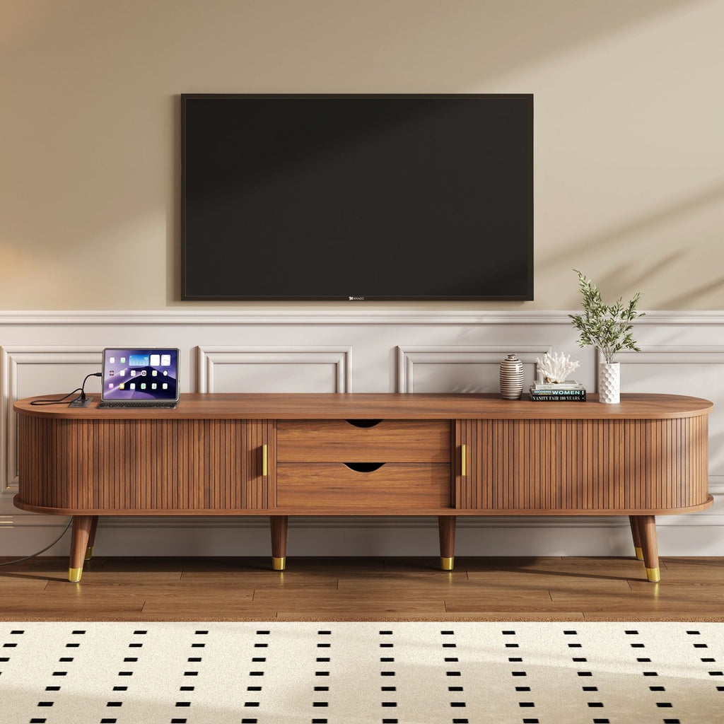 [Assembly Video]Wooden Oval Fluted TV Stand with Charging Station for TV up to 80", Mid-Century Media Console with Sliding Tambour Door, Farmhouse TV Cabinet with Golden Handle for Living Room, Walnut