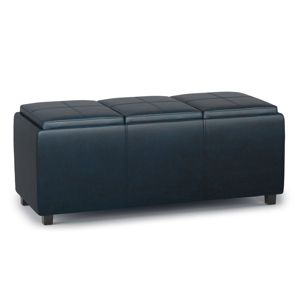 Avalon 42 inch Wide Storage Ottoman in Distressed Dark Blue Vegan Leather