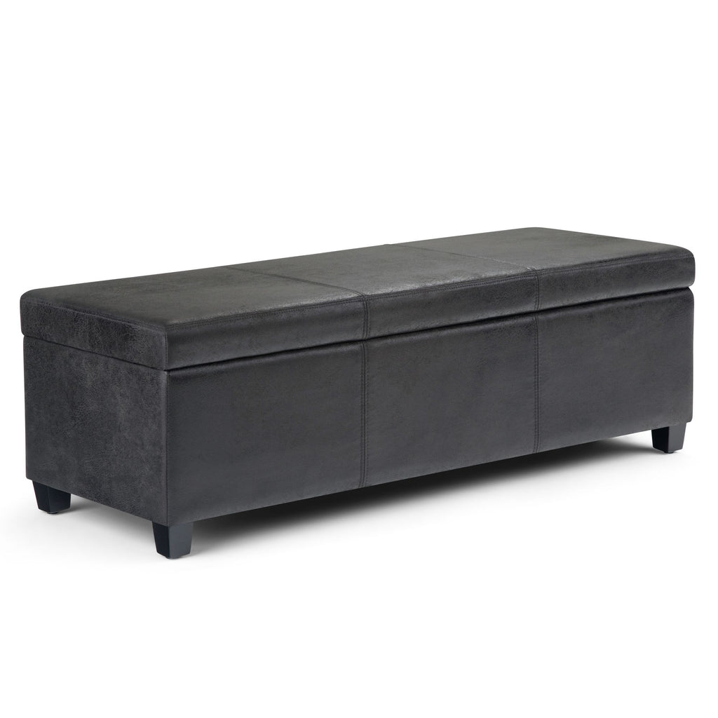 Avalon 48 inch Wide Storage Ottoman Bench in Distressed Black Vegan Leather