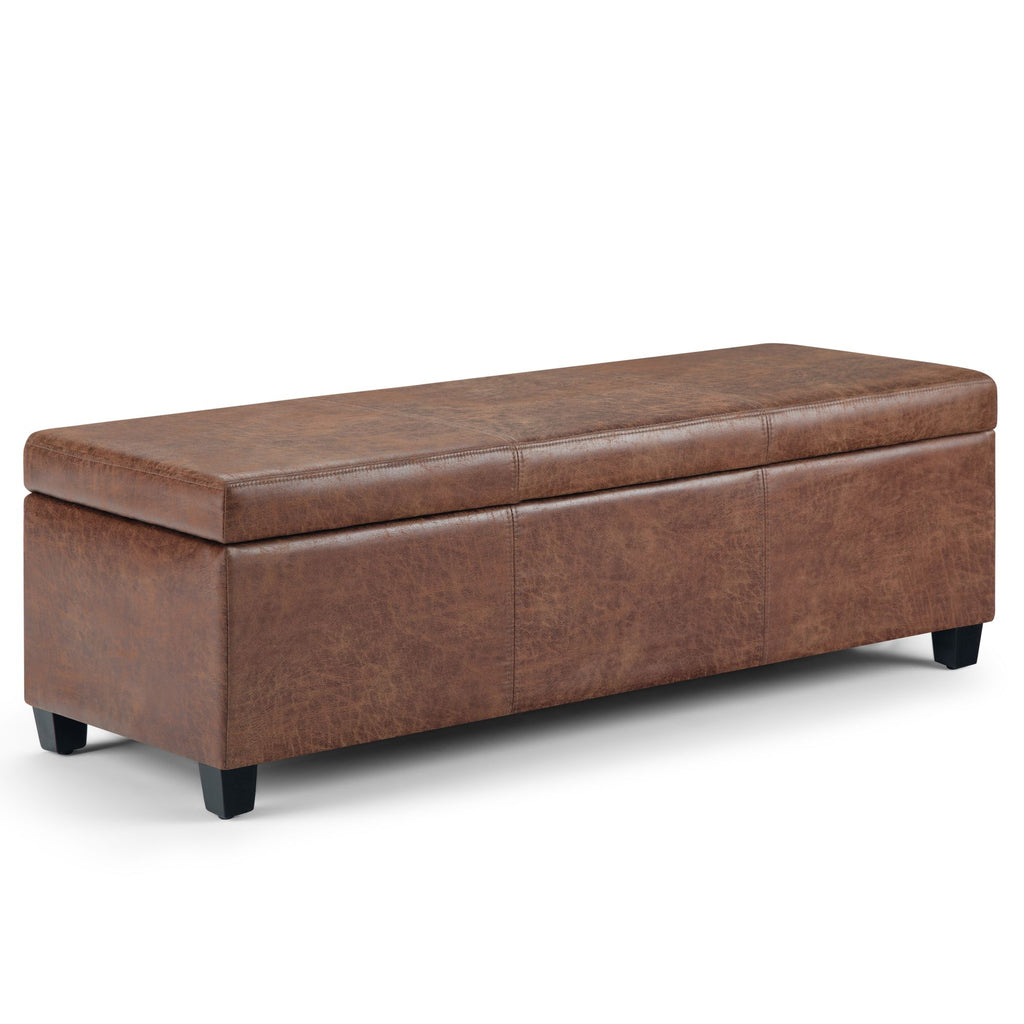 Avalon 48 inch Wide Storage Ottoman Bench in Distressed Umber Brown Vegan Leather
