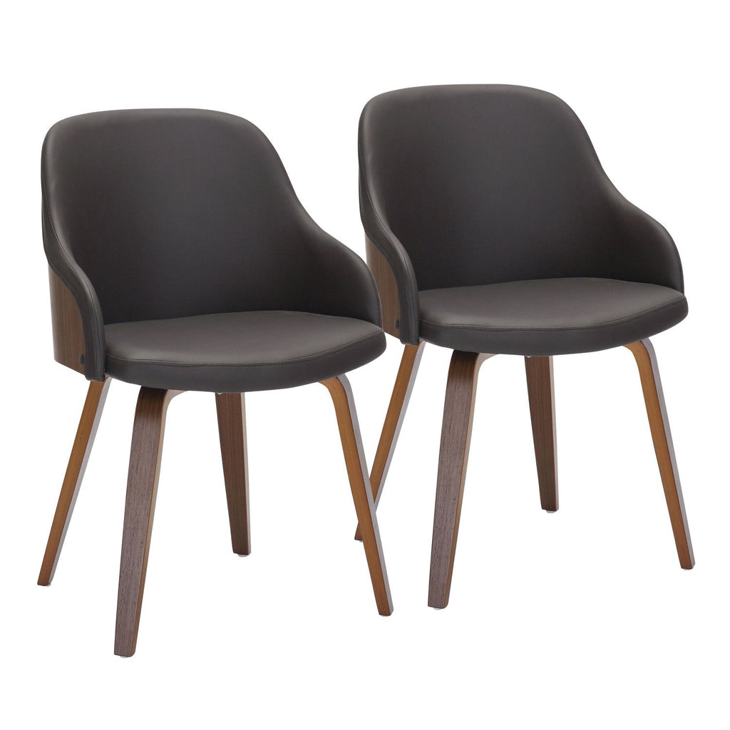 Bacci Mid-Century Modern Dining/Accent Chair in Walnut Wood and Brown Faux Leather by - Set of 2