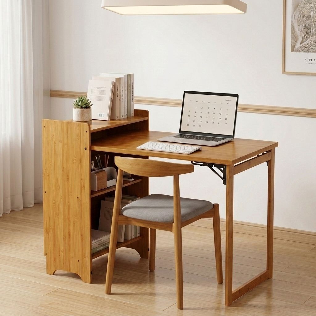 Bamboo Folding Desk, Foldable Desk for Small Space, Computer Desk with Hidden Storage, Mid Century Foldable Table for Home Office and Bedroom (NATURAL WOOD)