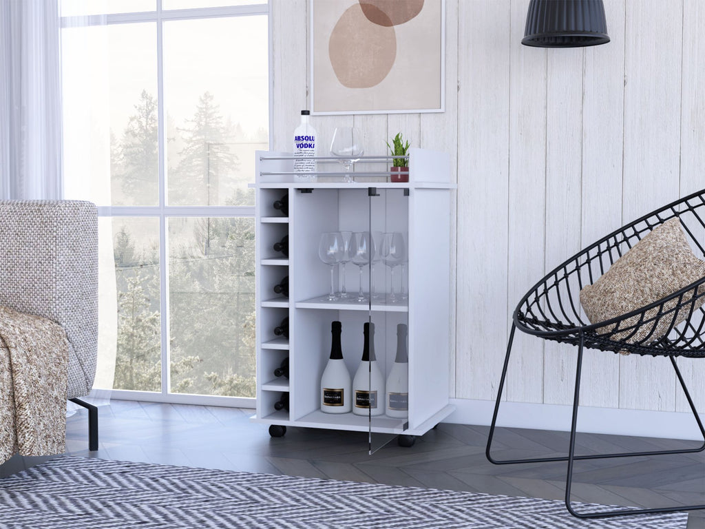 Bar Cart Baltimore, Six Wine Cubbies, Glass Door, Four Caster, Two Shelves, White Finish