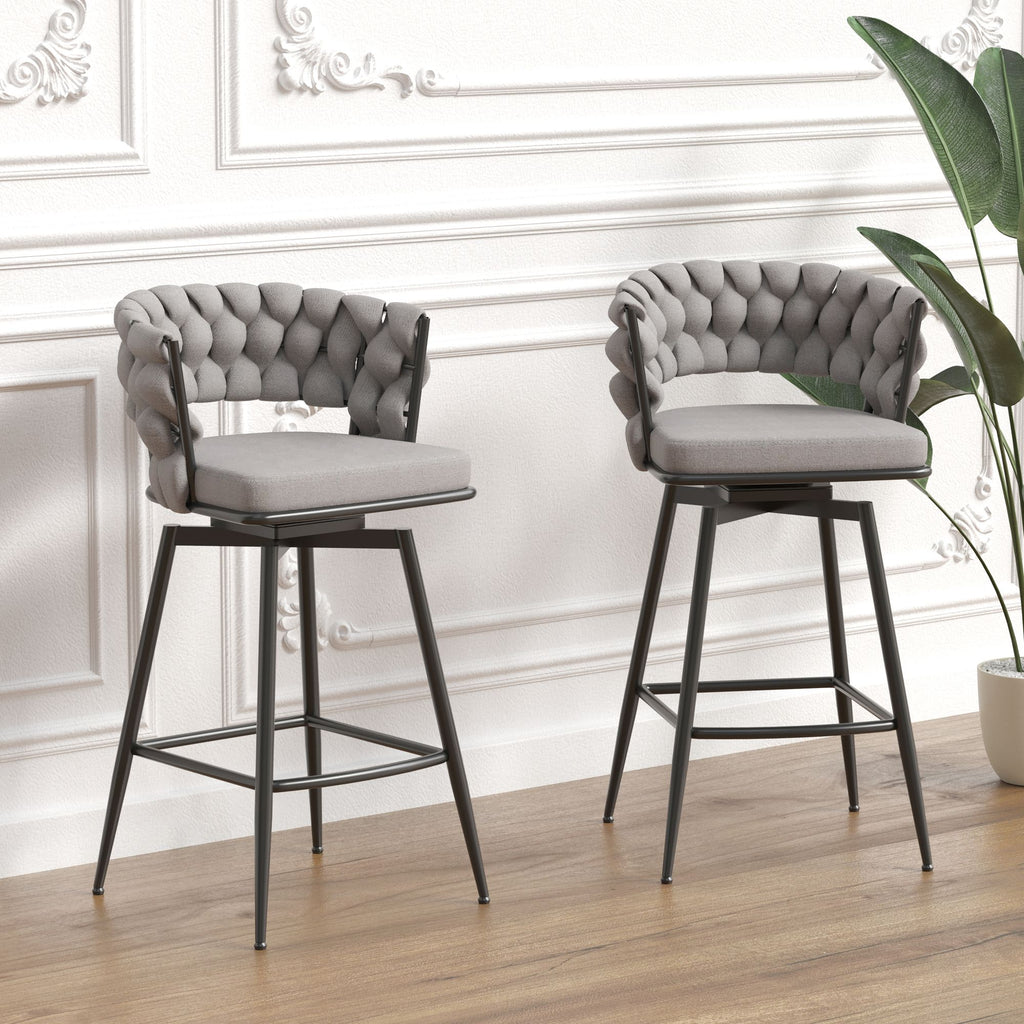 Bar Chair Linen Woven Bar Stool Set of 2,Black legs Barstools No Adjustable Kitchen Island Chairs,360 Swivel Bar Stools Upholstered Bar Chair Counter Stool Arm Chairs with Back Footrest, (Grey)