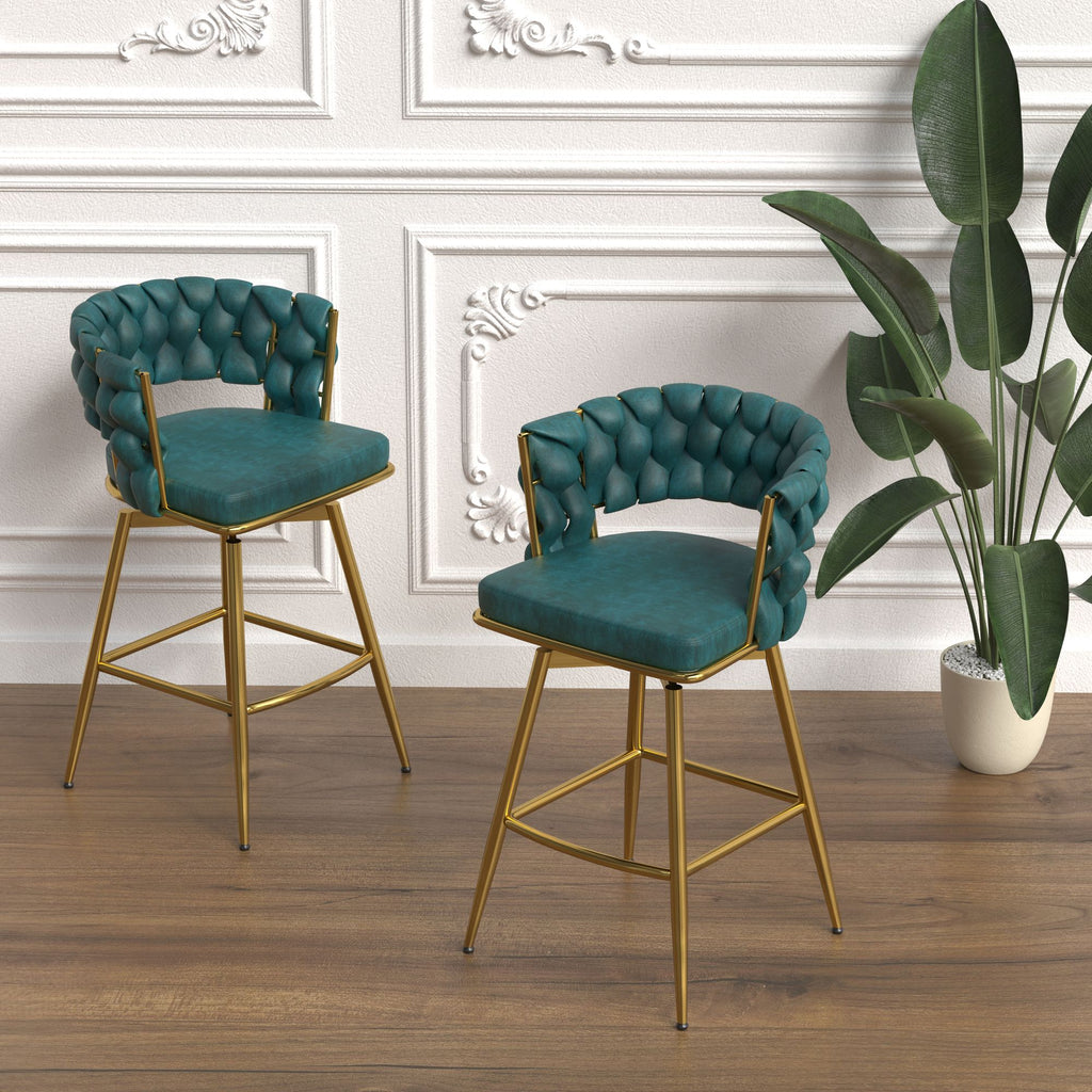 Bar Chair Suede Woven Bar Stool Set of 2,Golden legs Barstools No Adjustable Kitchen Island Chairs,360 Swivel Bar Stools Upholstered Bar Chair Counter Stool Arm Chairs with Back Footrest, (Blue)
