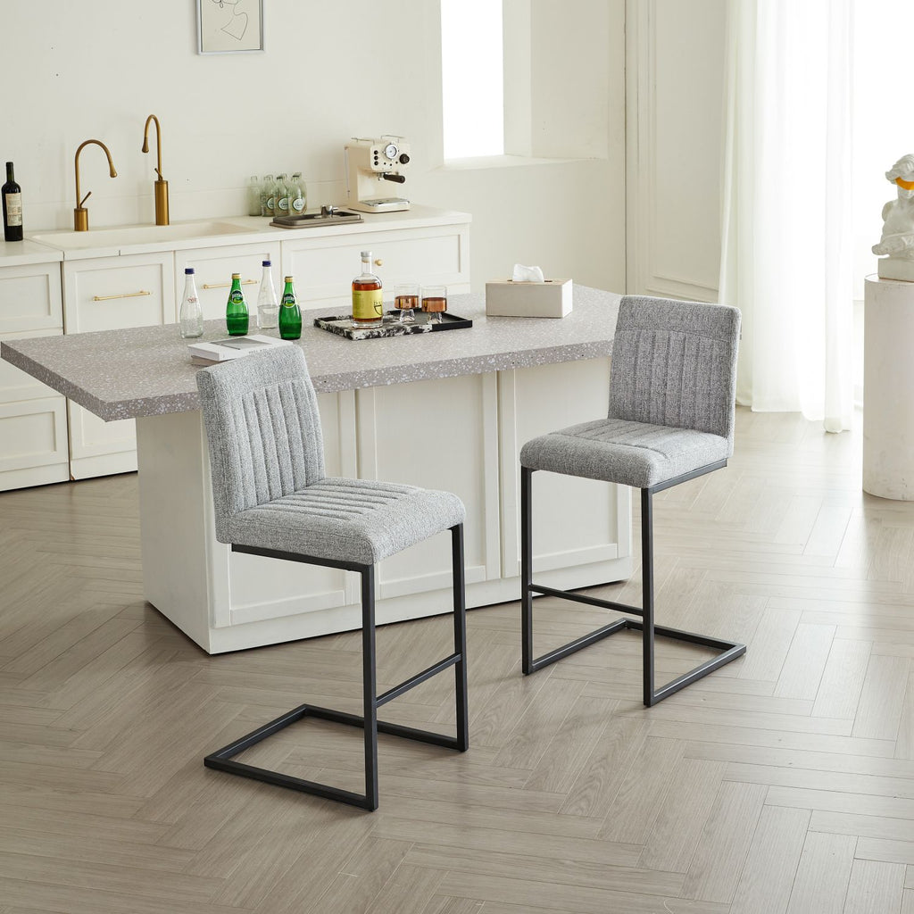 Bar Stool – Light Gray Fabric Chair with Sturdy Black Metal Frame, Stylish & Comfortable Seating for Kitchen Island, Living Room & Pub,2 Sets
