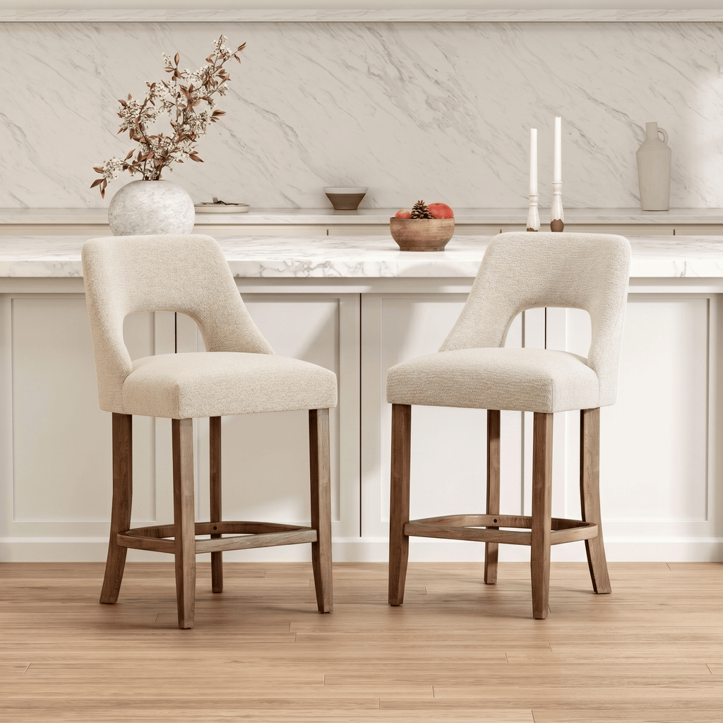Bar Stools Set of 2, Upholstered Counter Height Bar Stools, Modern Counter Stools with Wood Legs for Kitchen Island Dining Room Bar, Beige