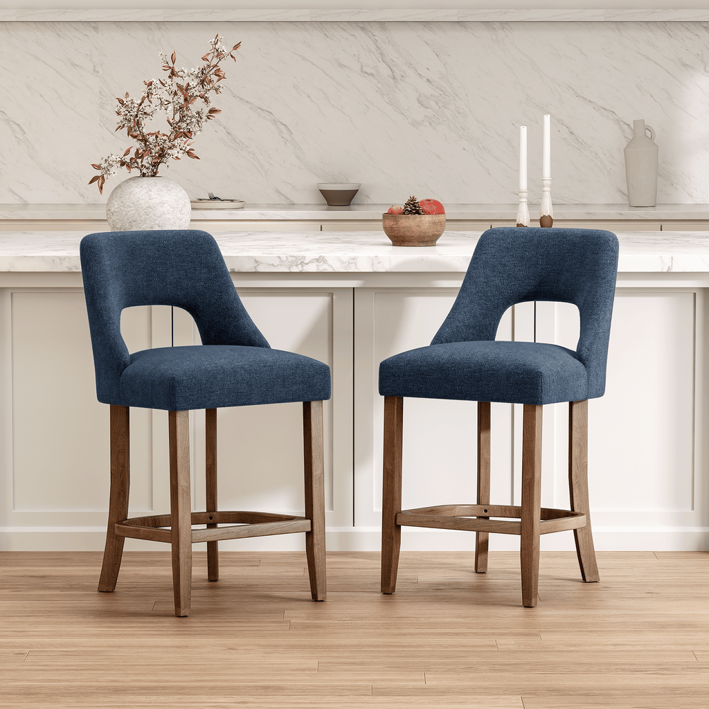 Bar Stools Set of 2, Upholstered Counter Height Bar Stools, Modern Counter Stools with Wood Legs for Kitchen Island Dining Room Bar, NAVY