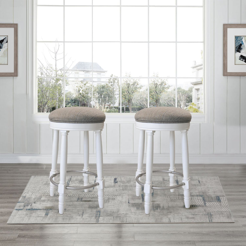 Bar Stools Set of 2 White Color, 360 Degree Swivel, Accent Wooden Swivel Seat Counter Height Bar Stool, Grey Cushion Seat, Barstool Perfect for Dining and Living Room (Height 26")