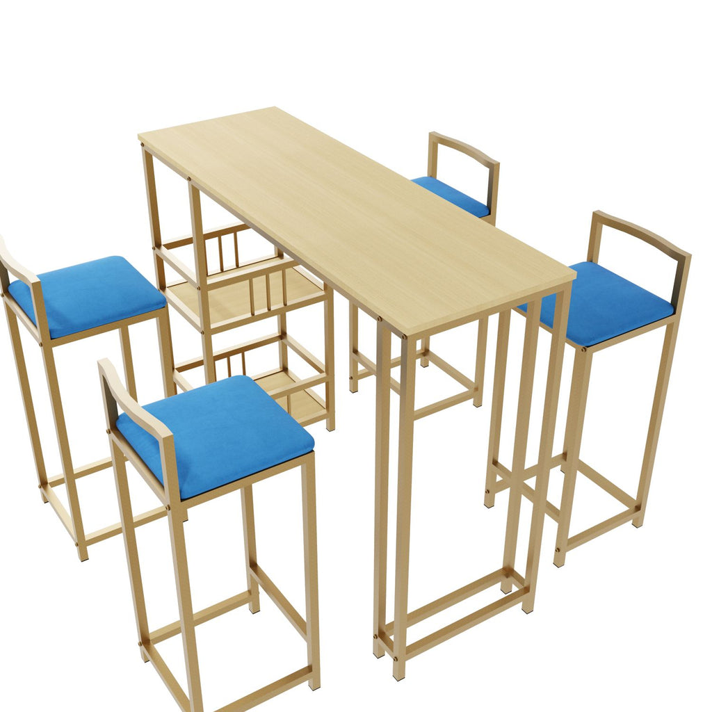 Bar table and chair five piece set, gold frame, multi-layer tabletop, chair cushion and backrest made of sponge, table with storage function (gold+beige+blue)