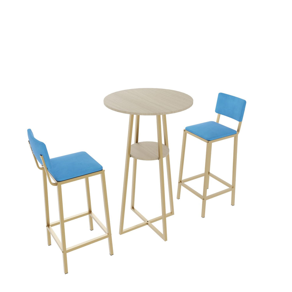 Bar table and chairs three piece set, gold frame, sponge made seat cushions and backrests, bar table with storage function (gold+brown tabletop+blue cushion)