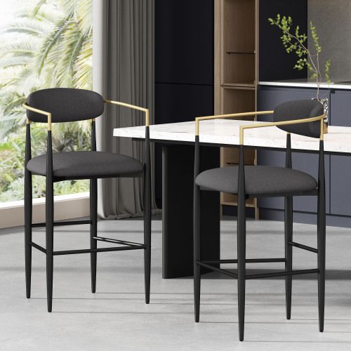 Barstools Set of 2, Counter Height Upholstered Bar Stools with Backs and Iron Legs for Kitchen Island, Gray Fabric Seating 260LBS Weight Capacity