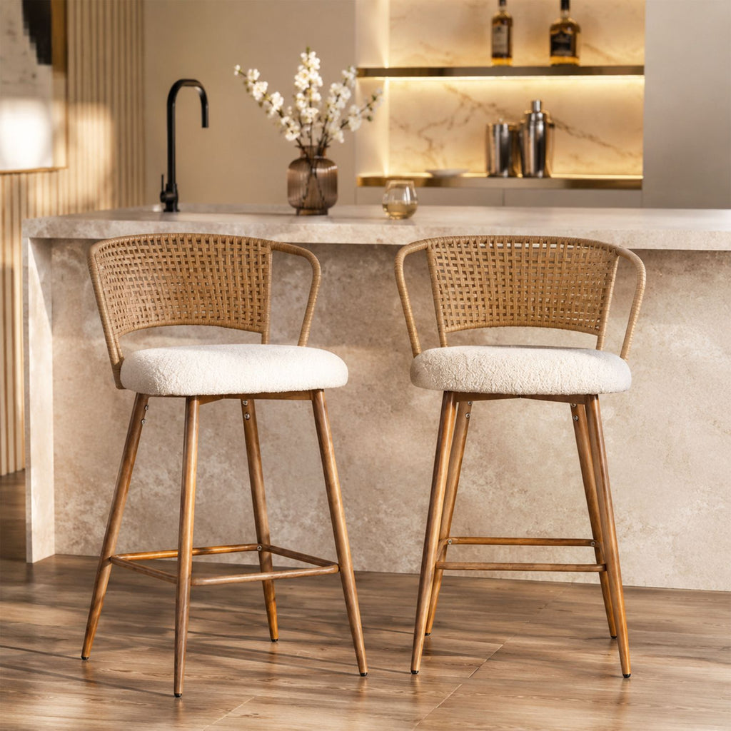 BarStools Set of 2 w/Rattan Backrest,Upholstered Counter Stools, Modern Barstools with Metal Legs ,Modern Mid-Century Boho Bar stools for Kitchen Island, Dining Room(Cream)