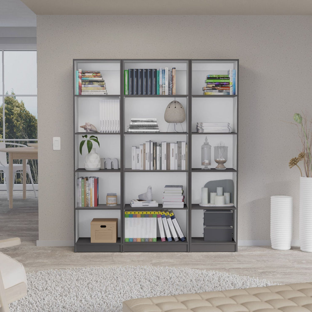 Bartow 3 Piece Home Bookcase set, 60" Wide with 15 Shelves , Living Room Set Set Matt Gray - White