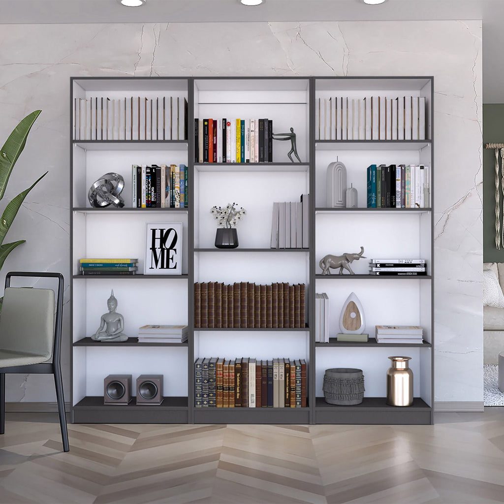 Bartow 3 Piece Home Bookcase set, 74" Wide with 14 Shelves , Living Room Set Set Matt Gray - White