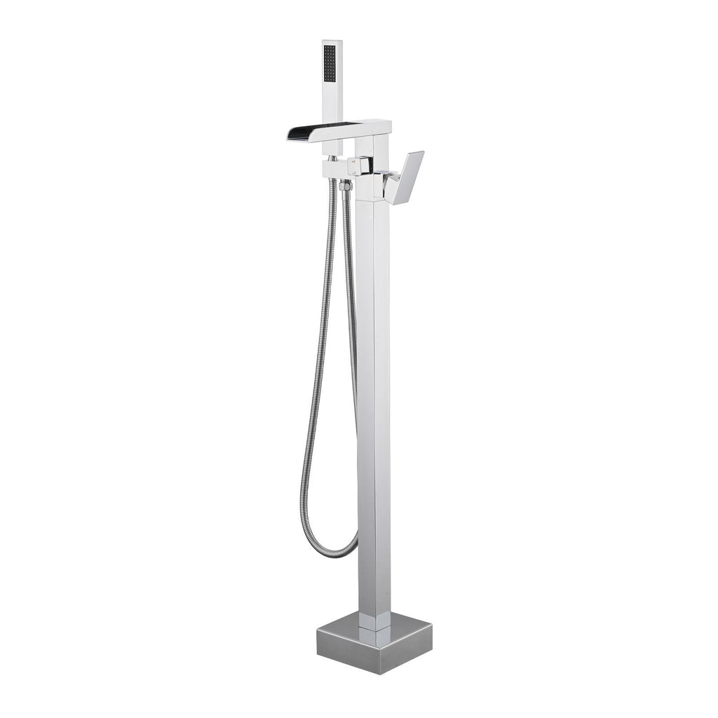 Bathroom Freestanding Waterfall Tub filler Matte Black Floor Mount Faucet with Hand Shower