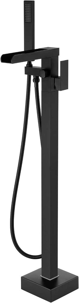 Bathroom Freestanding Waterfall Tub filler Matte Black Floor Mount Faucet with Hand Shower