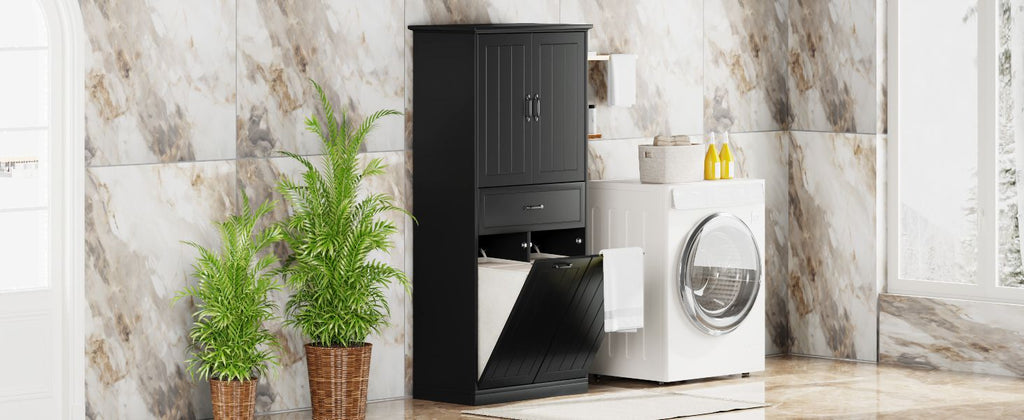 Bathroom Storage Cabinet with Two Laundry Baskets, Storage Cabinet with Doors and Drawer for Home, Black