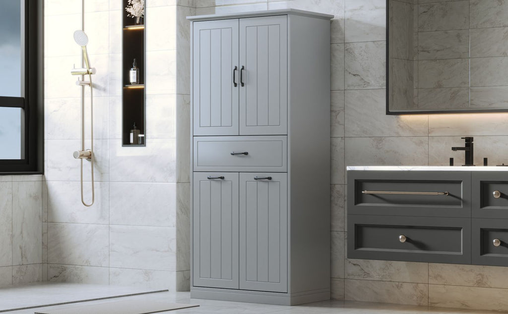 Bathroom Storage Cabinet with Two Laundry Baskets, Storage Cabinet with Doors and Drawer for Home, Grey