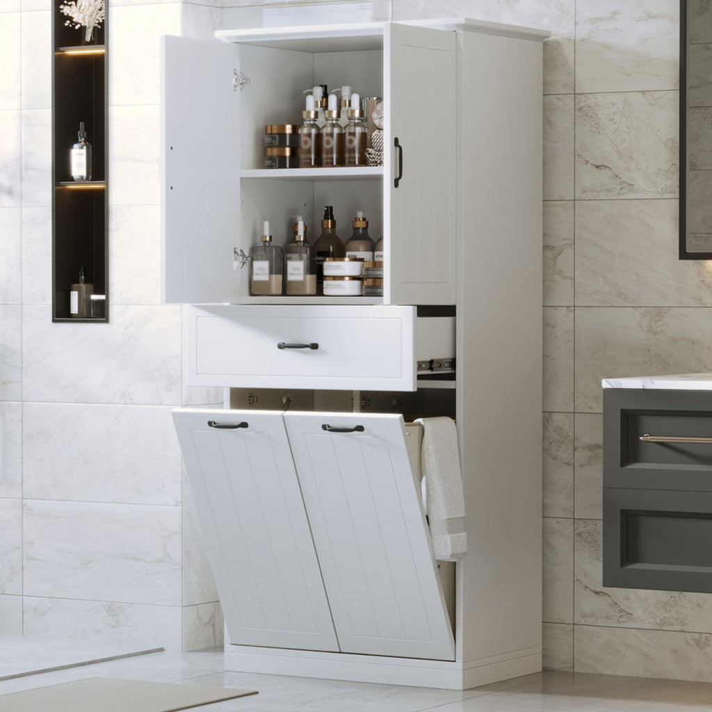 Bathroom Storage Cabinet with Two Laundry Baskets, Storage Cabinet with Doors and Drawer for Home, White