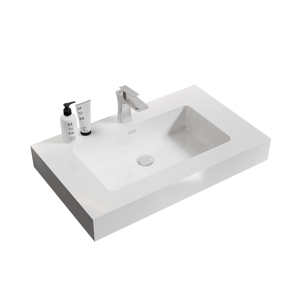 BB02-30-101, Integrated solid surface basin WITHOUT drain and faucet, glossy white color