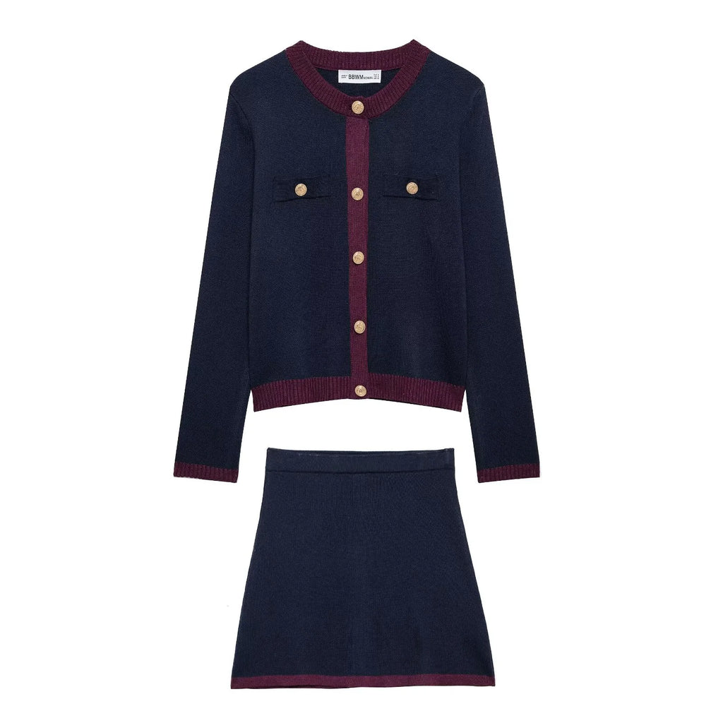 Women’s Slim Fit Knitted Jacket and Mini Skirt Set with Long Sleeves and Gold Button Detail
