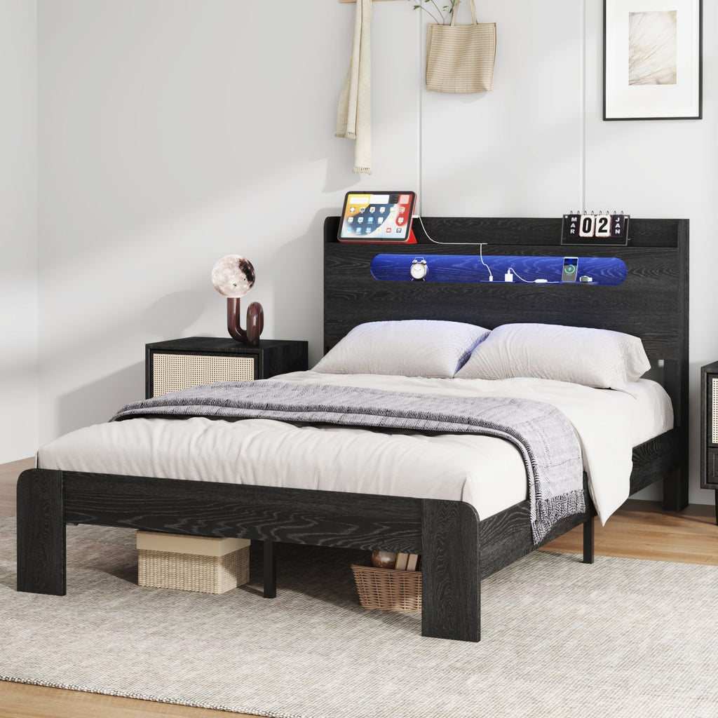 Bed Frame King Size, Wood Platform Bed Frame with Storage LED Light Headboard and 2 USB , Noise Free,No Box Spring Needed and Easy Assembly Tool,Large Under Bed Storage,Black