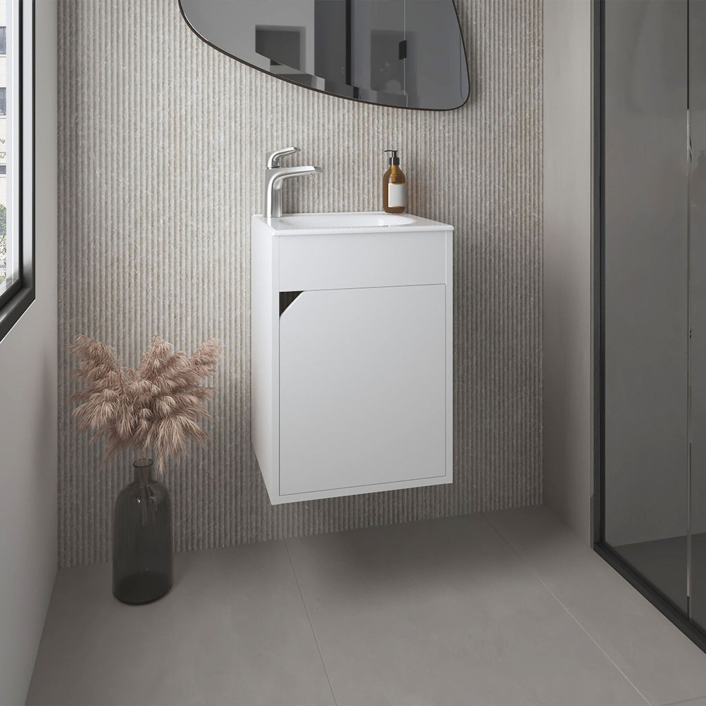 Bethel Floating Wide One-Door Vanity With Resin Sink And Two Shelves, Bathroom Storage, White